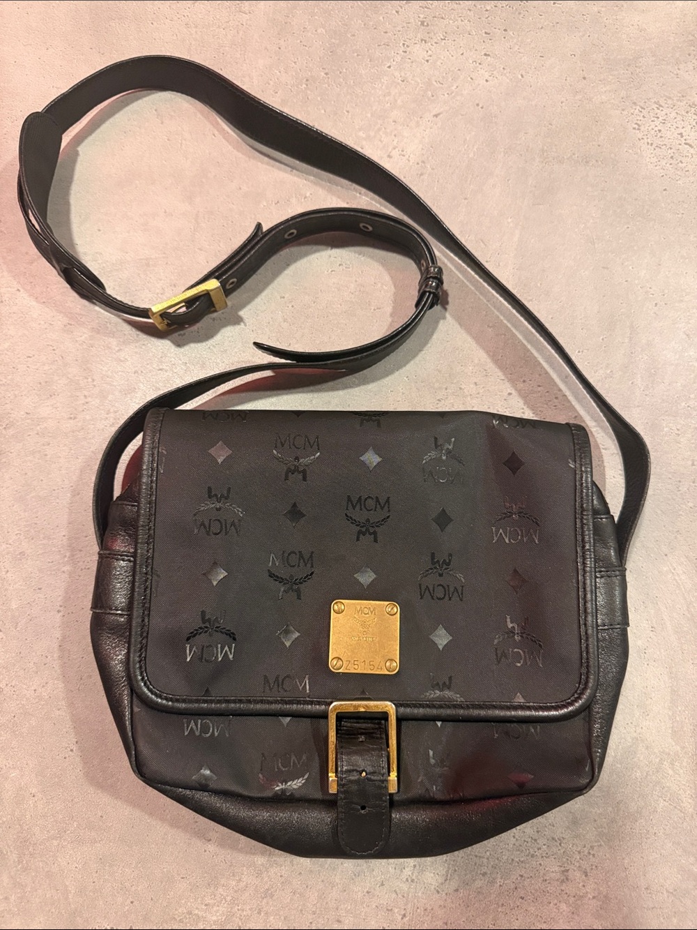 MCM Black Logo Leather Messenger Bag with Gold Hardware